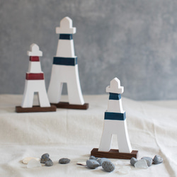 灯台 オブジェ Ｂタイプ Ｌサイズ２色 木製 マリン インテリア 海 夏 サマー 手描き 雑貨 サーフ 西海岸 2枚目の画像