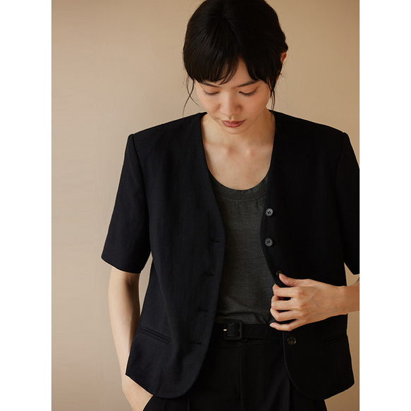 綿麻半袖ジャケット ショートジャケット ブラック S-XL #528