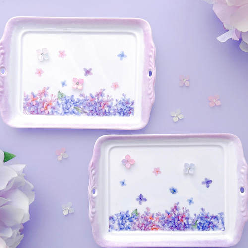 陶器製　手描き模様が施された小皿とトレーのセット　非売品 紫陽花舞う幻想的な陶器のトレー 小皿 ❤︎Blanche Neige❤︎ 通販