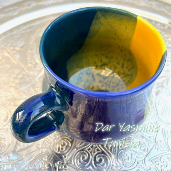 ハネンさんのカラフル陶器　マグカップ　人気のブルー＆イエロー マグカップ　ランスLance　LNBJ 3枚目の画像