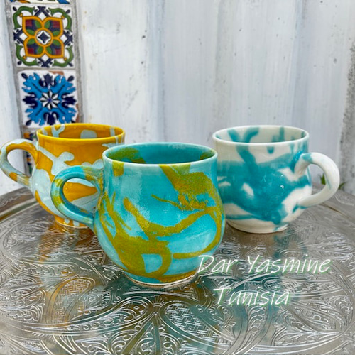 ハネン カラフル陶器 マグカップ イエロー&アクアブルー マグカップ