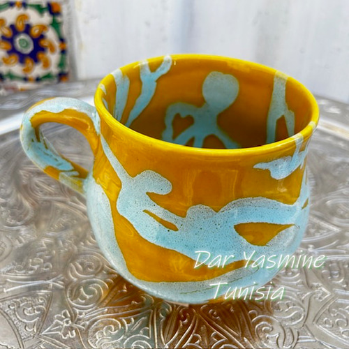 ハネン カラフル陶器 マグカップ イエロー&アクアブルー マグカップ