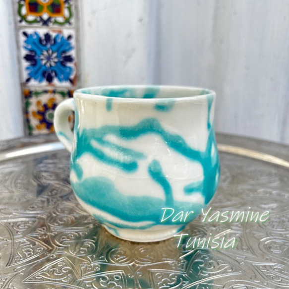ハネンさんのカラフル陶器　マグカップ　優しさあふれるホワイトブルー マグカップ　ランスLance　LNWT 7枚目の画像