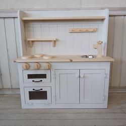 90センチ ワイドタイプ おままごと キッチン 木製 チェッカーガラス扉