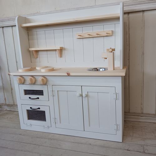 90センチ ワイドタイプ おままごと キッチン 木製 チェッカーガラス扉