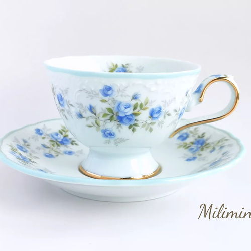 ブルーバラ花柄 ガラス製 ．ティーカップ 4点セットコーヒーカップ caao1027519.jpg