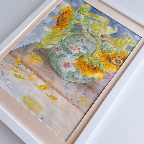 絵画 水彩画　向日葵3(原画) 水彩画 原画 3本のひまわり - メルカリ