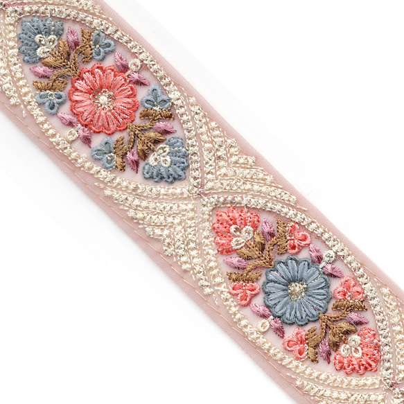 [ 413 ] ピンク 水色 花柄 幅:6cm インド刺繍 リボン 1枚目の画像