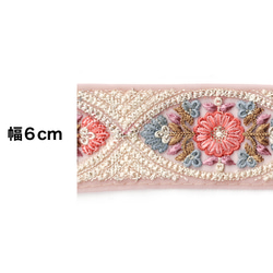 [ 413 ] ピンク 水色 花柄 幅:6cm インド刺繍 リボン 2枚目の画像