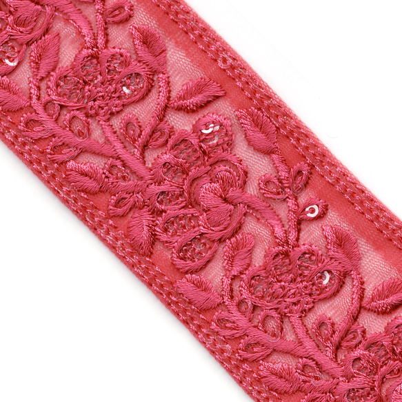 [ 425 ] 赤 ピンク 花柄 幅:4.5cm インド刺繍 リボン 1枚目の画像