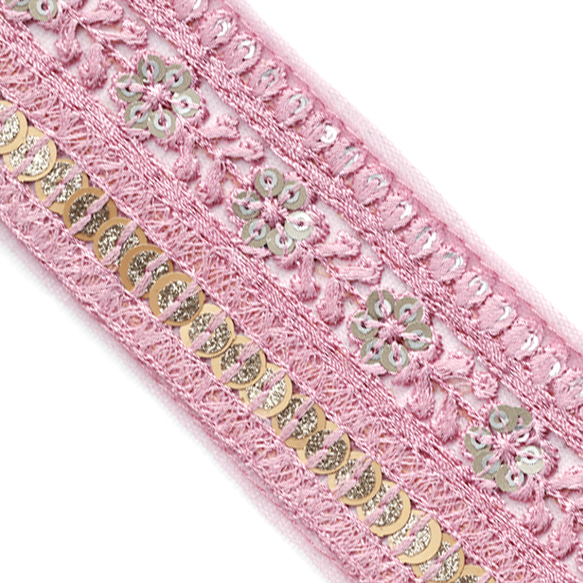 [ 487 ] 薄ピンク 花柄 幅:5cm インド刺繍 リボン 1枚目の画像