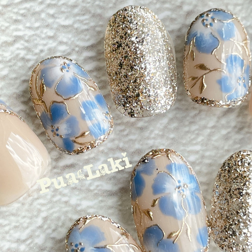 ネモフィラネイルチップ ミラーネイル フラワーネイル 上品