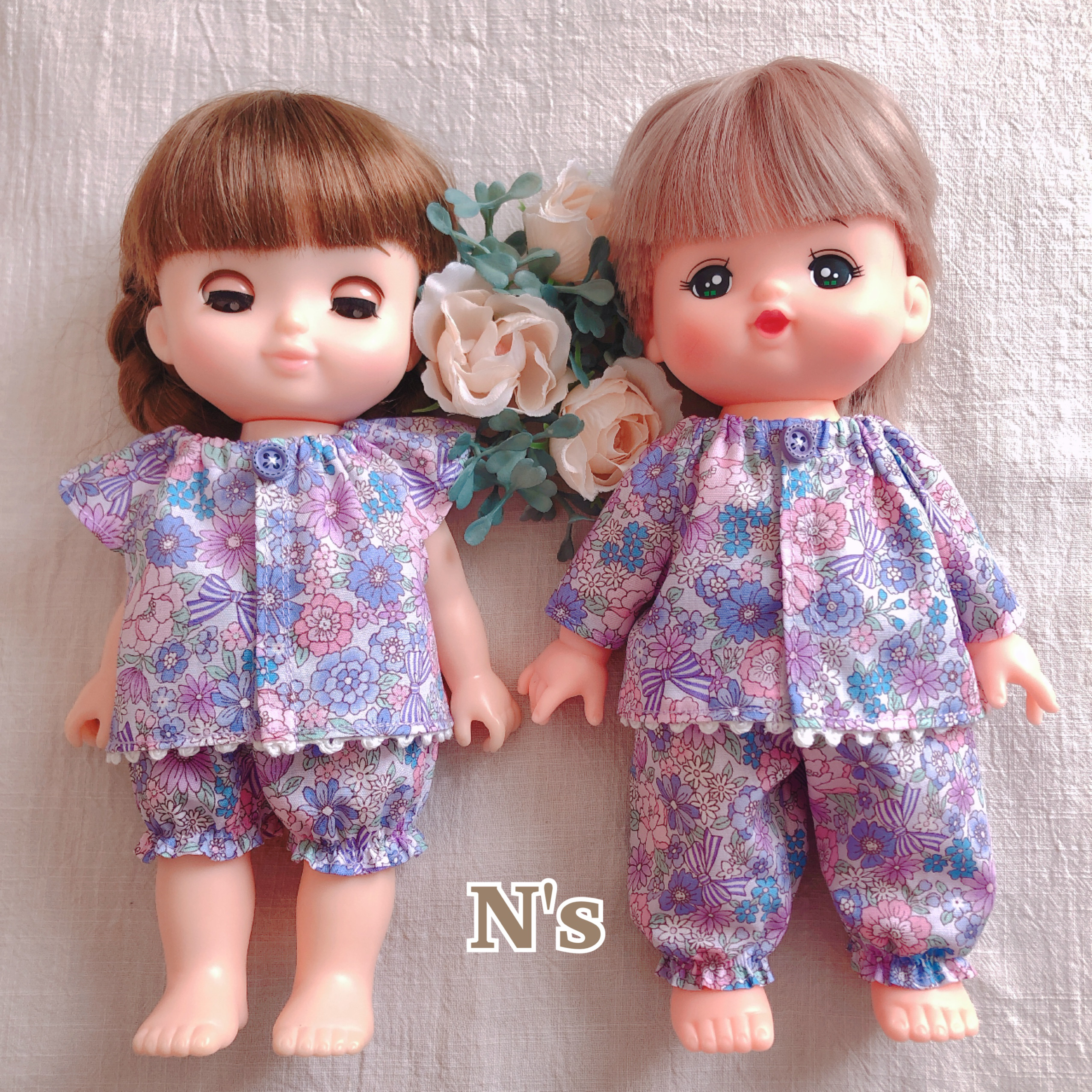 ハンドメイド　ソランちゃん　パジャマ　半袖セット　小花柄ワッフルニット ハンドメイド　ソランちゃん　パジャマ　半袖セット　小花柄ワッフルニット