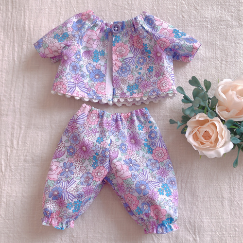 26cmドール用 パープルなお花とリボン柄パジャマ 2パターン ソラン