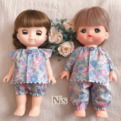 26cmドール用 ブルーのお花とリボン柄パジャマ 2パターン ソランちゃん