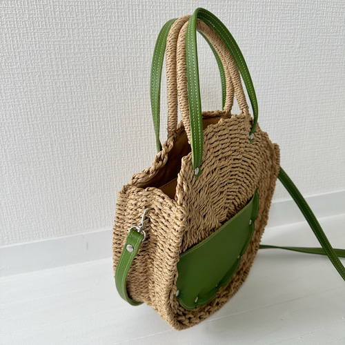 サークル かごバッグ ショルダーバッグ 本革 抹茶 グリーン かごバッグ  