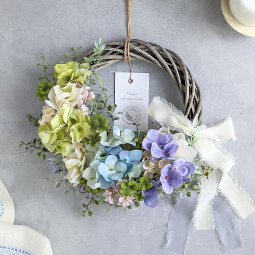 ◇ハーフリース◇紫陽花◇ナチュラルリース◇リース 紫陽花のハーフリース❇お部屋に癒しを♡きれいが続く夏におすすめ