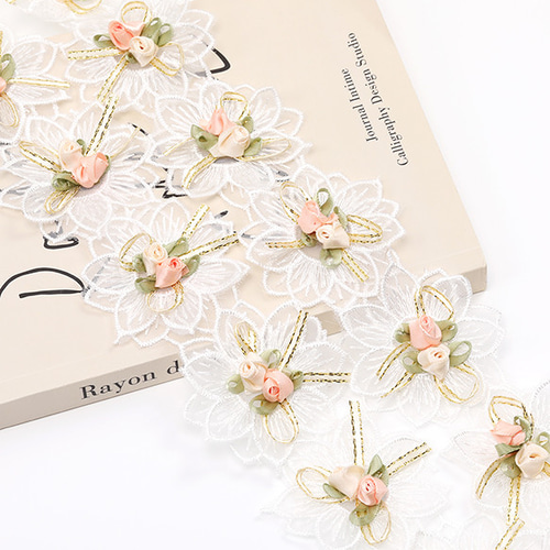 Q1079 60cm フラワー刺繍パーツ フラワーモチーフ リボン バラ