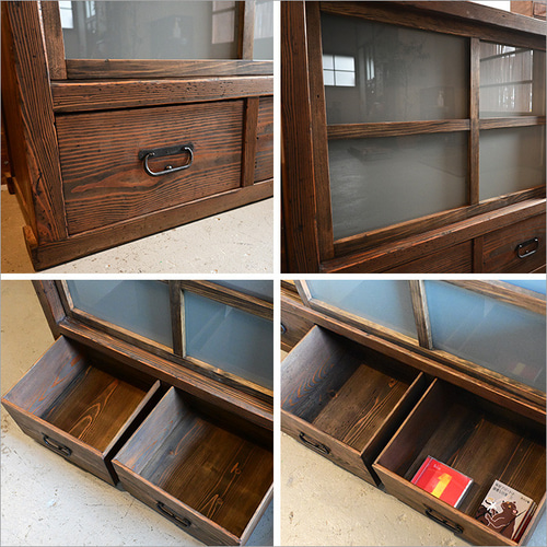 古民家の趣を残すリメイク家具 杉材の水屋箪笥ローボード 食器棚 収納