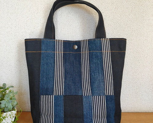 ㉟ ミニトートバッグ ☆リバーシブル 岡山デニム ヒッコリー