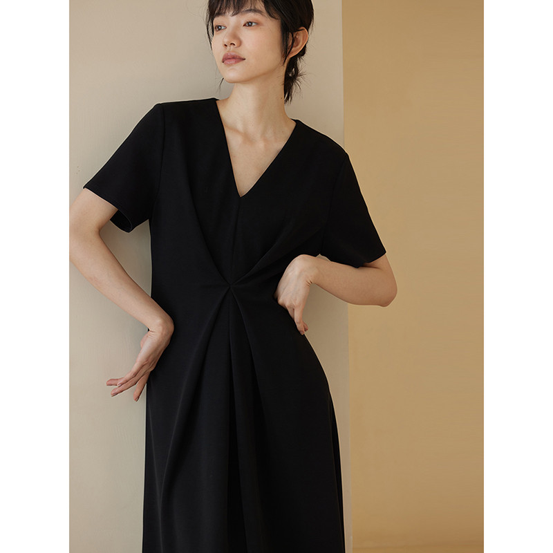 キュプラ混紡ワンピース　Vネック半袖ワンピース　たれ感よく　ブラック　S-XL #534