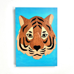 レザーのコラージュアート（トラ）タイガー A4サイズ 木製パネル 原画 2枚目の画像