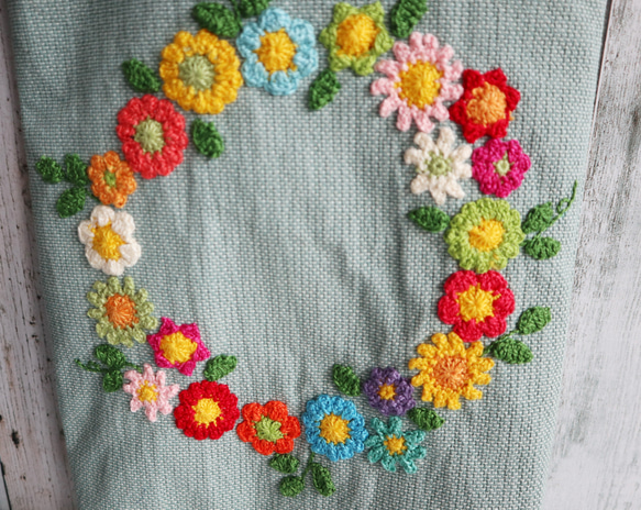 お花モチーフ編みのぺったんこバッグ（ブルー） 2枚目の画像