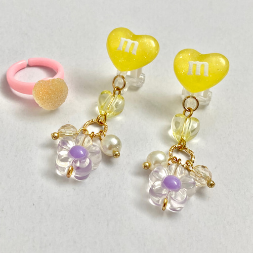ハート キッズ イヤリング 指輪 セット フラワー 花 kids 子供 チョコ  