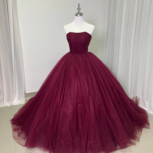 送料無料！カラードレス ボルドー色 ベアトップ サッシュベルト  