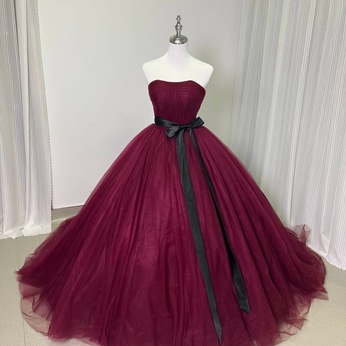 送料無料！カラードレス ボルドー色 ベアトップ サッシュベルト  
