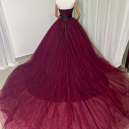 送料無料！カラードレス ボルドー色 ベアトップ サッシュベルト  