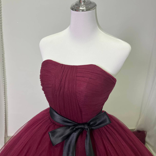 送料無料！カラードレス ボルドー色 ベアトップ サッシュベルト  