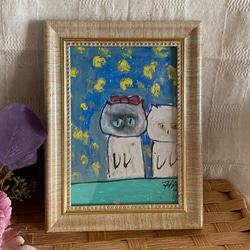 絵画。原画手描【2匹の猫が一緒にデートして美しい星の光を見る】 1枚目の画像
