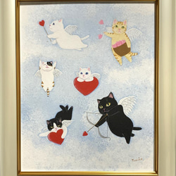 原画】薔薇園の黒猫／油彩額入り 絵画 猫心～にゃんはーと