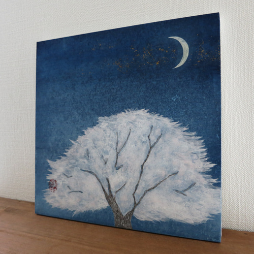 日本画原画】夜桜と三日月 ミニアートパネル インテリアアート 絵の