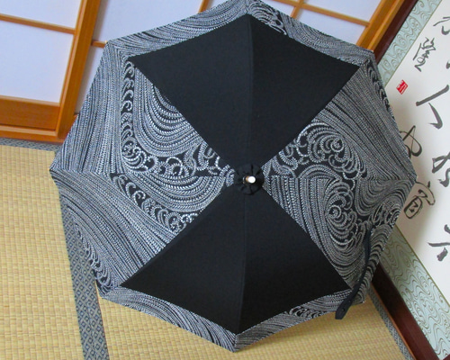 リメイク　 日傘　 ハンドメイド　 和装小物　 長傘　 白大島 型絵染めの伝統技法を用いた裏表のコントラストがおしゃれな