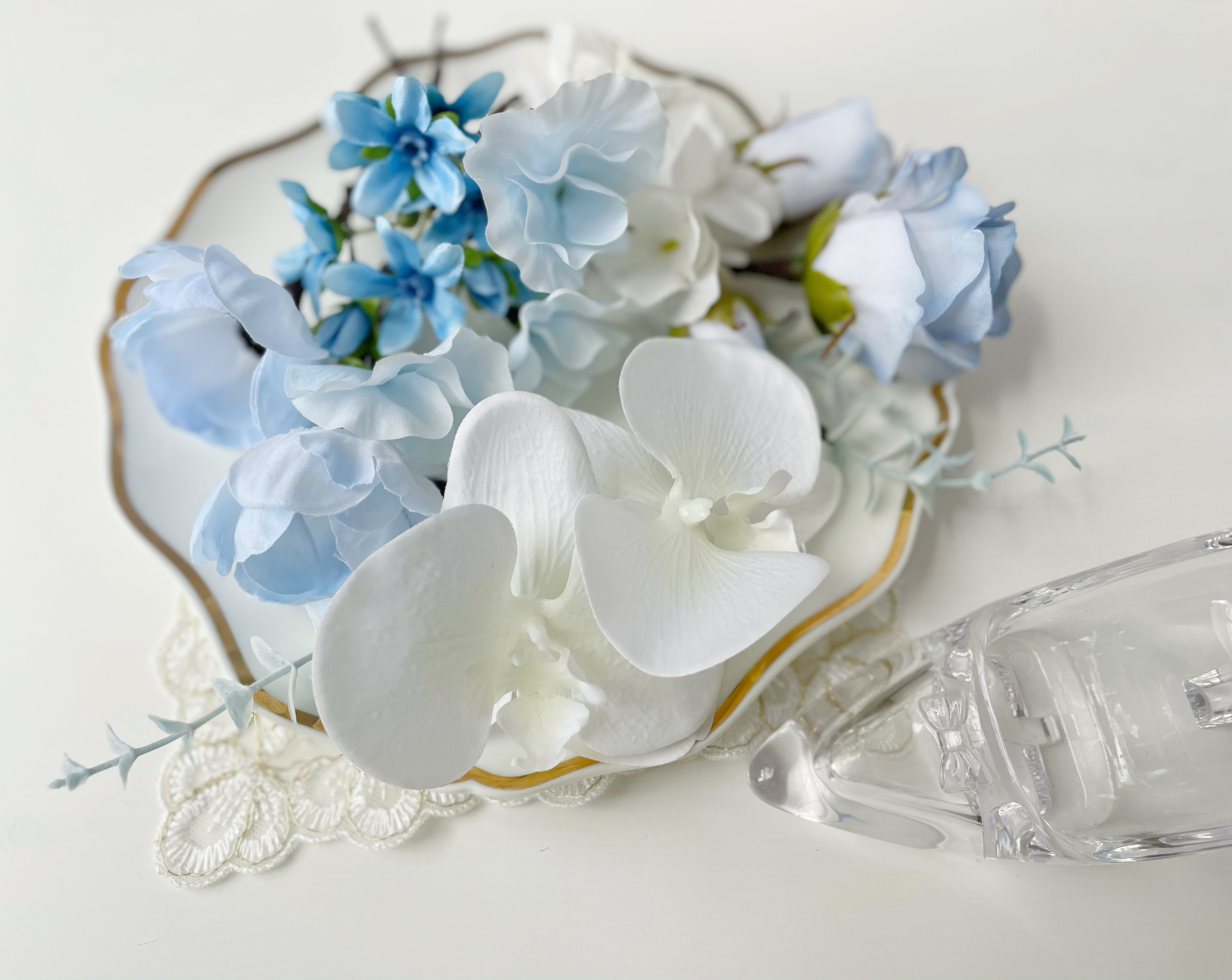 【受注制作】再販×2 トレンドソルベブルー　ヘッドパーツ　胡蝶蘭　スイートピー　バラ　アジサイ　アネモネ　夏婚