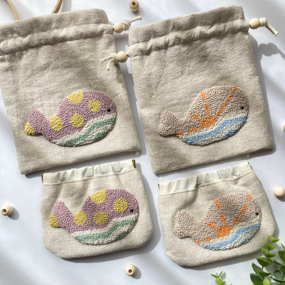 クジラ　巾着袋　ポーチ　くすみカラー　大人かわいい　ギフト　プレゼント　海　魚　刺繍　パンチニードル　（くすみピンク） 10枚目の画像