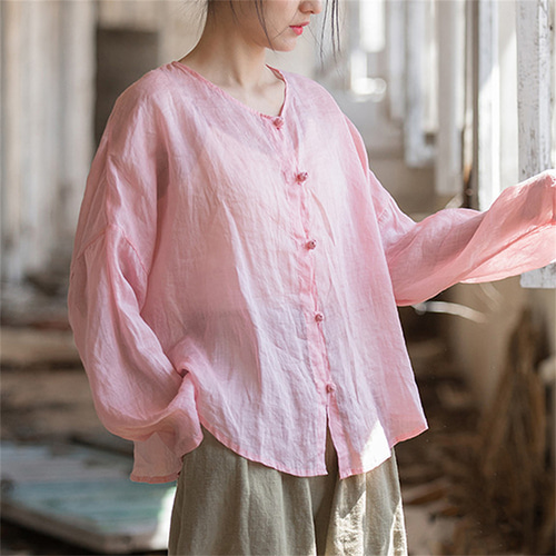 MAVUNO リネン天竺ロングスリーブTシャツ LIGHT PINK ＆プリントロングスリーブTシャツ＜スモーキーピンク＞(S