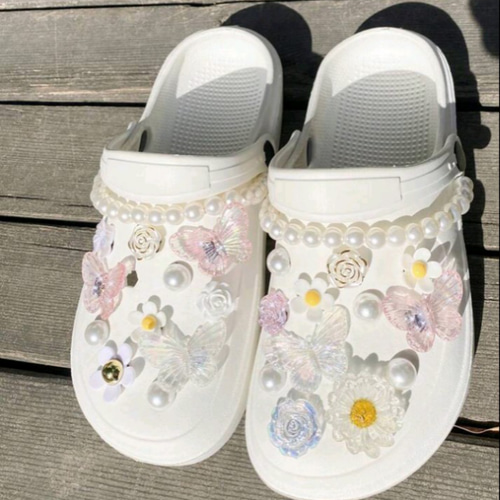ジビッツクロックス可愛い蝶ちょうお花白ホワイトパールピンク
