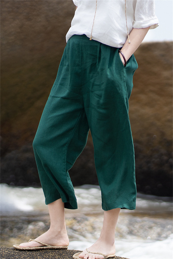 シンプルルーズストレート緑綿麻パンツ 1枚目の画像
