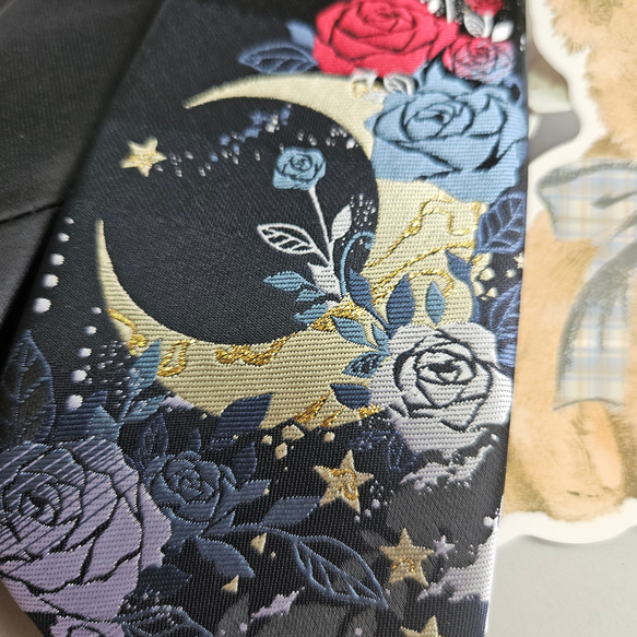 ネクタイ レディースメンズ ブラック黒猫ねこ総柄個性的月星キラキラ薔薇ばら 19枚目の画像