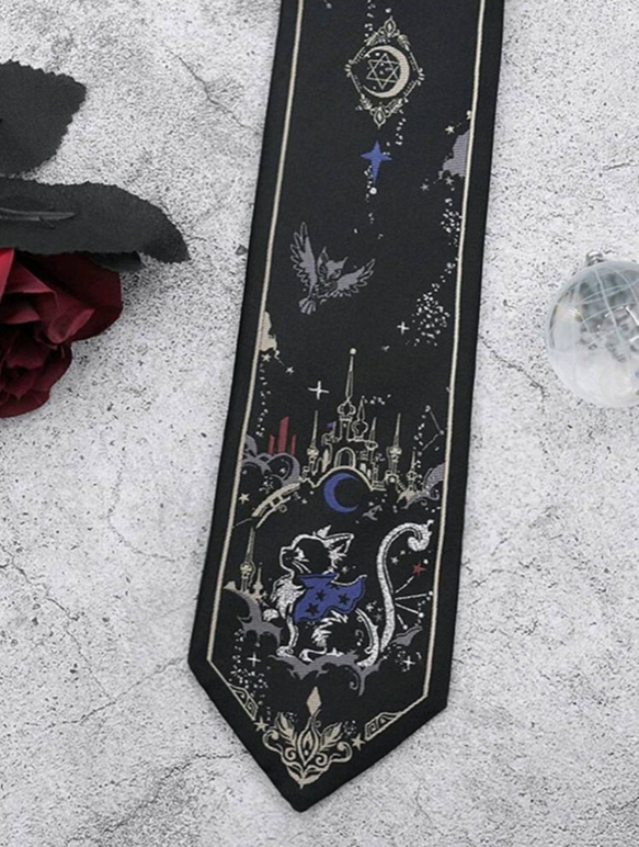 ネクタイ レディースメンズ ブラック黒猫ねこ総柄個性的月星キラキラ薔薇ばら 11枚目の画像
