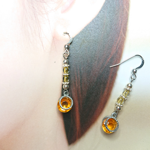 ○1155-ジュエリークリップ丸オレンジピアス○ ピアス（フック  