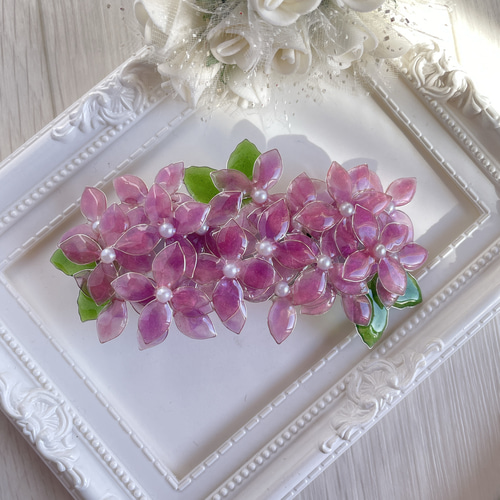 大きめバレッタ「高嶺の花〜紫陽花」〜赤紫 バレッタ 花雫 通販