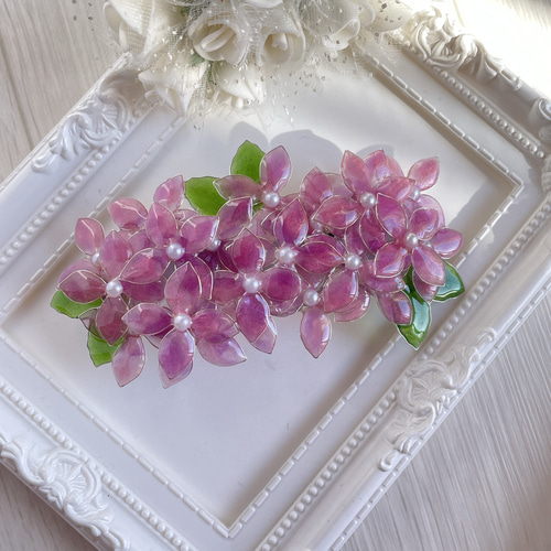 【大人な花柄の大きめリボン♪】グルネル PM ブルーム バレッタ 大きめバレッタ「高嶺の花〜紫陽花」〜赤紫 バレッタ 花雫 通販