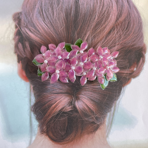 大きめバレッタ「高嶺の花〜紫陽花」〜赤紫 バレッタ 花雫 通販