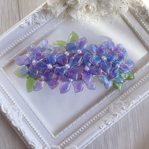 大きめバレッタ「高嶺の花〜紫陽花」〜紫 バレッタ 花雫 通販