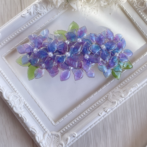 大きめバレッタ「高嶺の花〜紫陽花」〜紫 バレッタ 花雫 通販