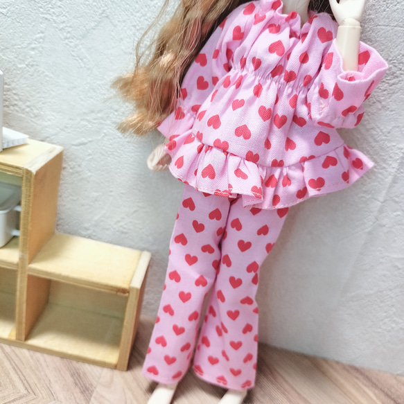 パジャマ上下セット ハート柄 ピンク  赤 レッド リカちゃん 服 フリル 2枚目の画像